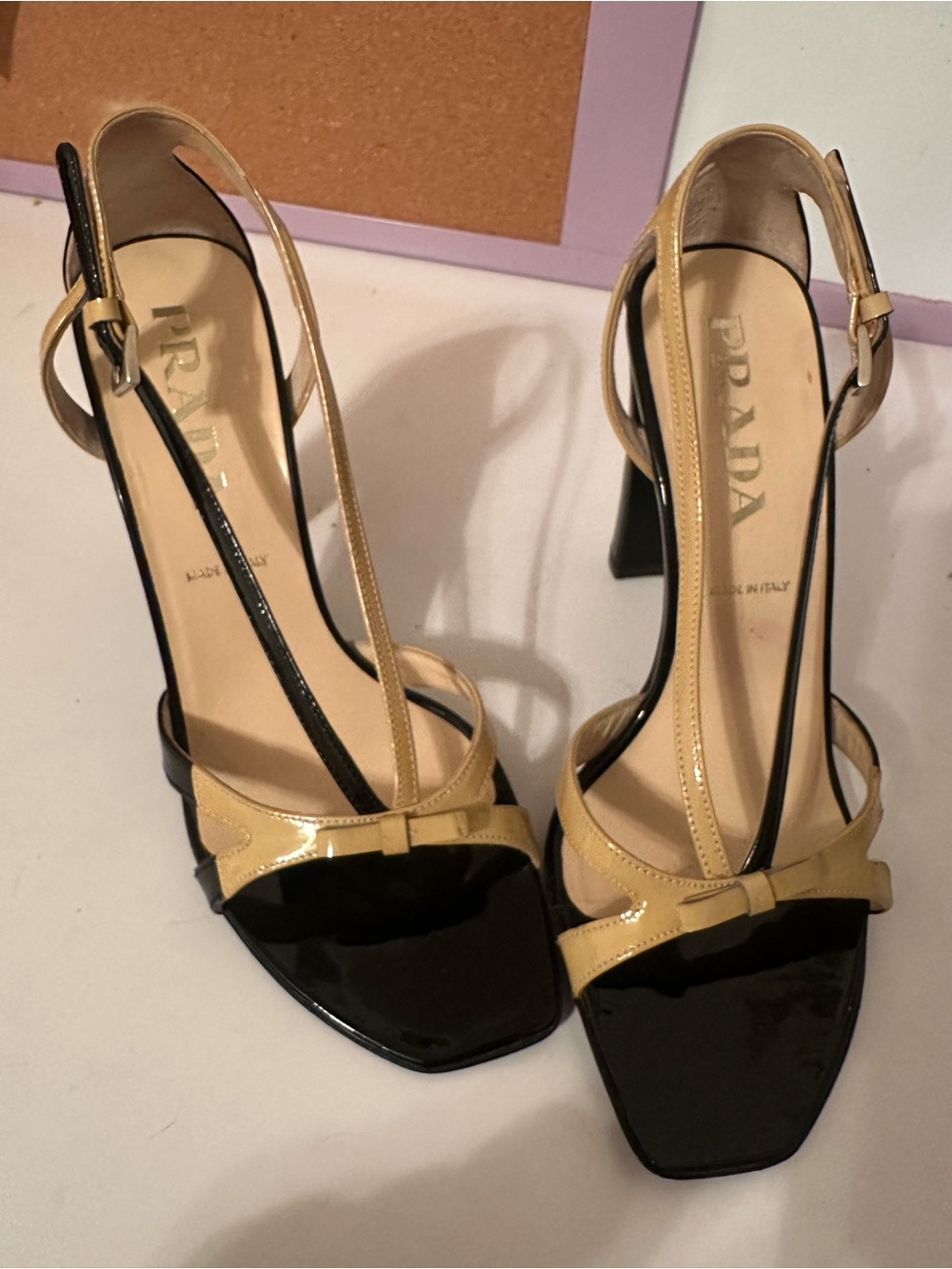 Vintage Prada Two-Tone Black and Beige Patent Leather Slingback Heels